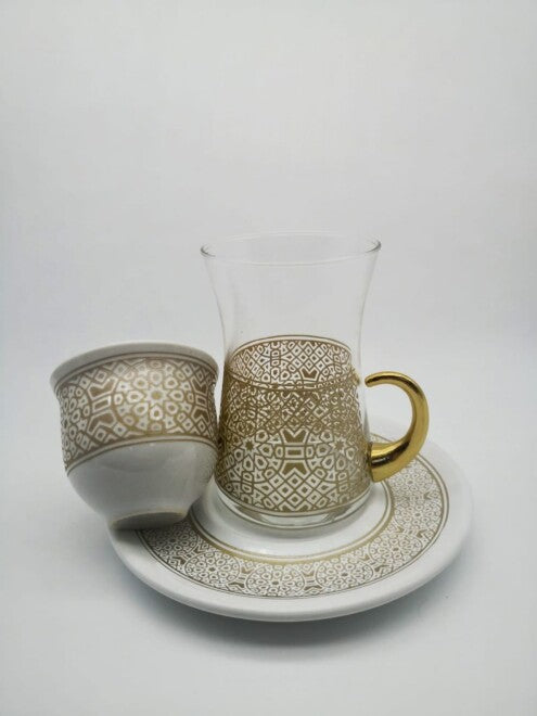 Gold-tone Geometric Ornament Base Tea Cup 18 Pieces