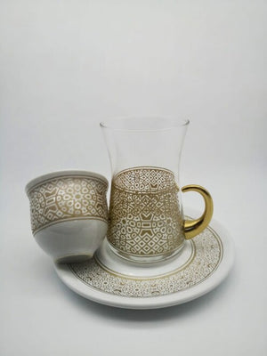 Gold-tone Geometric Ornament Base Tea Cup 18 Pieces
