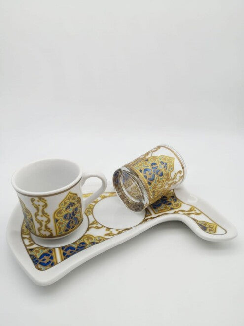 Coffee Cup Set Decorated with Gold and Blue For One Person With Small Serving Tray
