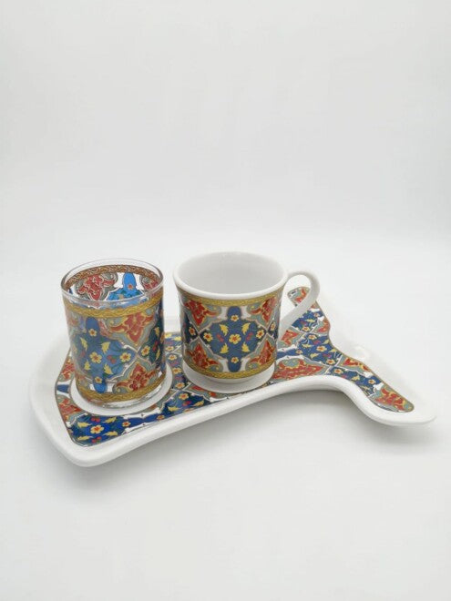 Geometric Patterns Coffee Cup Set For One Person With Small Serving Tray