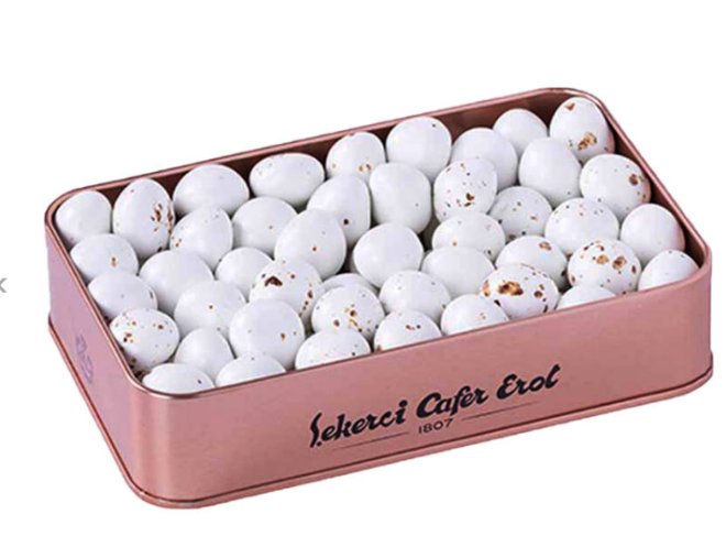 ?ekerci Cafer Coconut Dragee in Bronze Tin 300g - Crunchy & Tropical Treat
