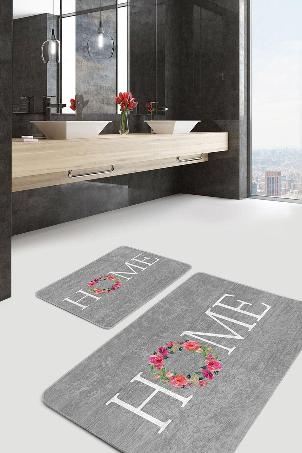Gray Ground Home Themed Digital Print 2-Piece Bath Mat and Rug Set Non-Slip Washable