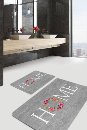 Gray Ground Home Themed Digital Print 2-Piece Bath Mat and Rug Set Non-Slip Washable