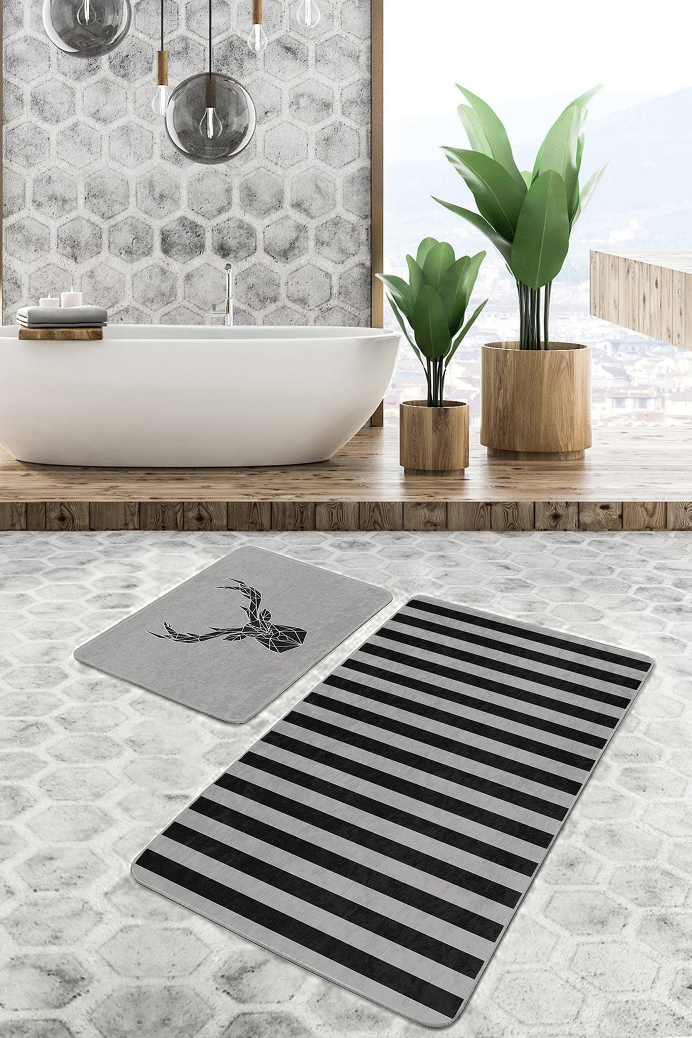 Grey Black Striped Deer Pattern 2pc Bath Mat Set Non-Slip Washable