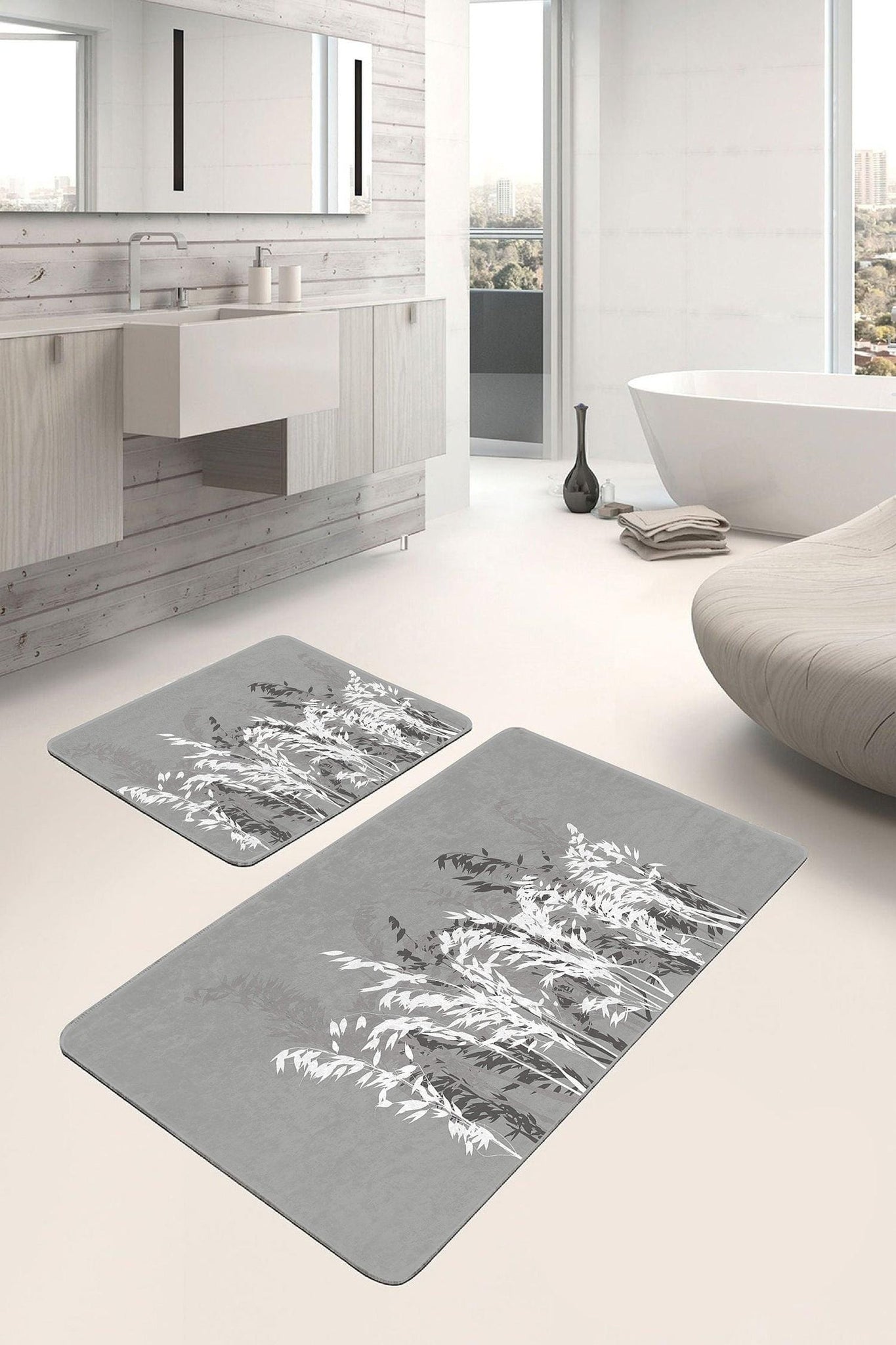 Gray Ground Plant Design 2-Piece Bath Mat and Rug Set Non-Slip Washable