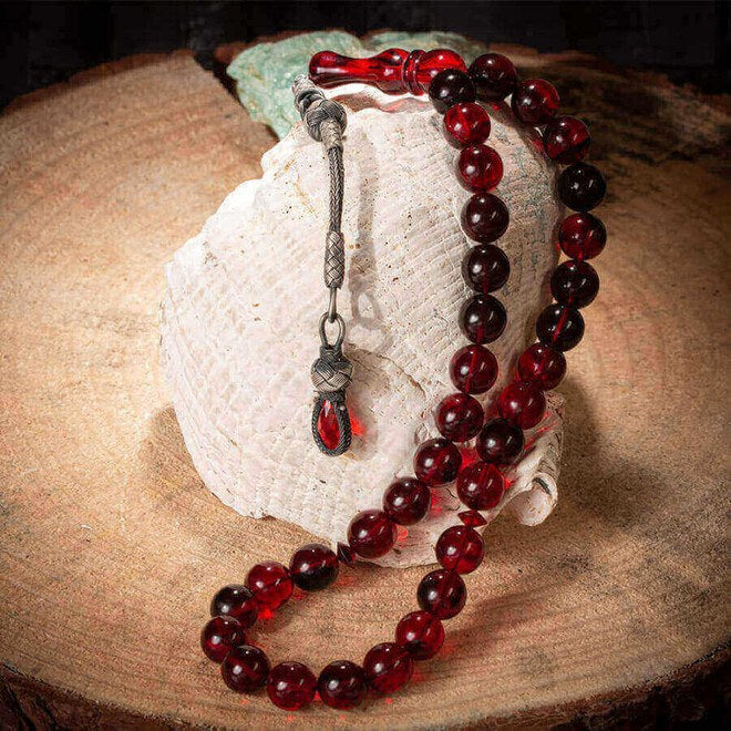 Glass Pressed Amber Rosary with spherical mixed red colored beads
