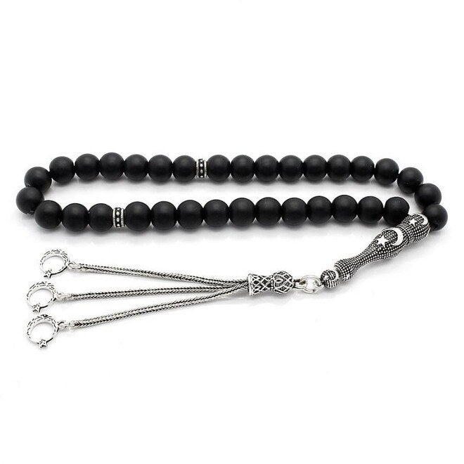 Onyx Stone Rosary with silver moon star designed tassel