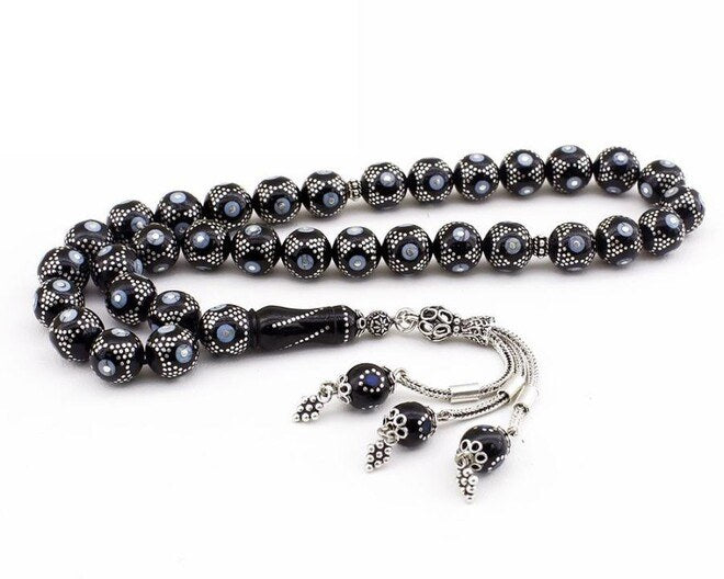 Rosary made of lignite decorated and inlaid with turquoise silver
