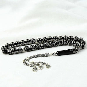 Rosary made of original Lignite Erzurum stone engraved with silver