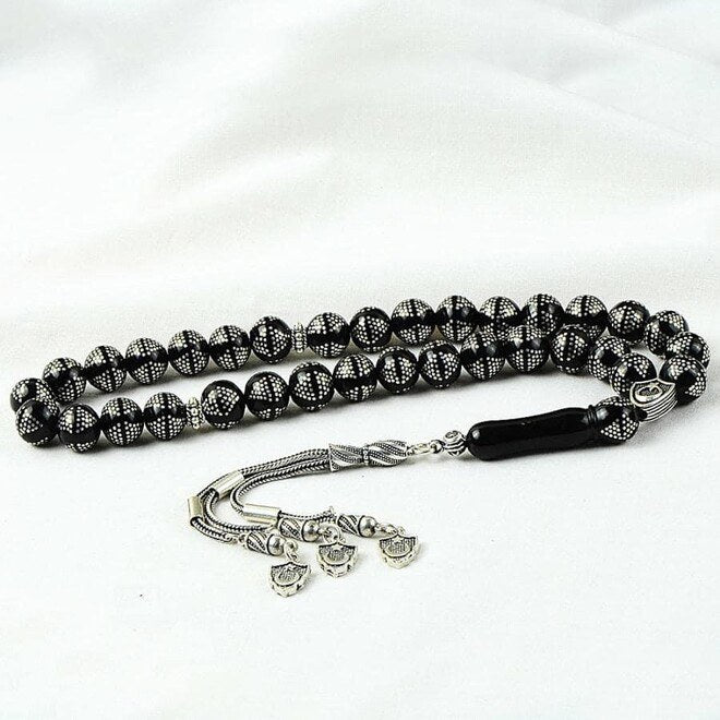 Rosary made of original Lignite Erzurum stone engraved with silver