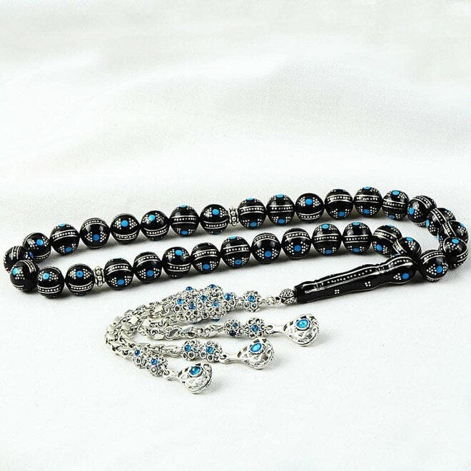 Rosary made of original Erzurum Lignite stone engraved with turquoise