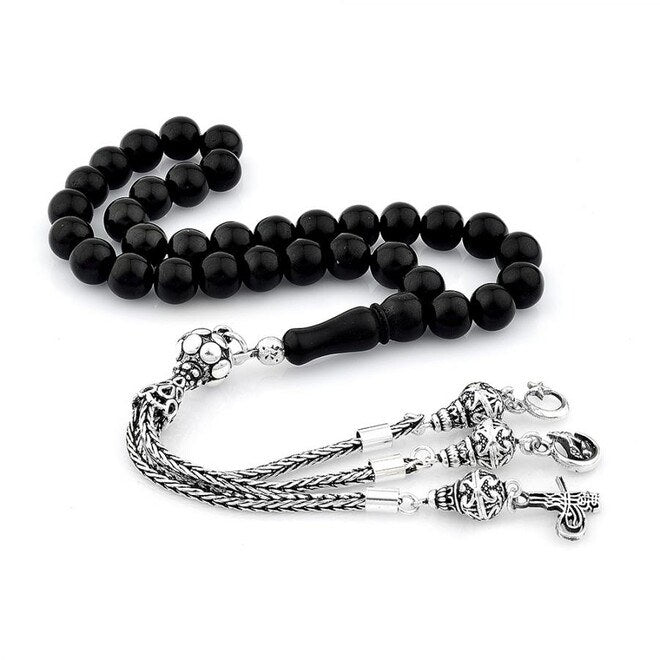 Rosary made of lignite stone with a triple tassel of silver