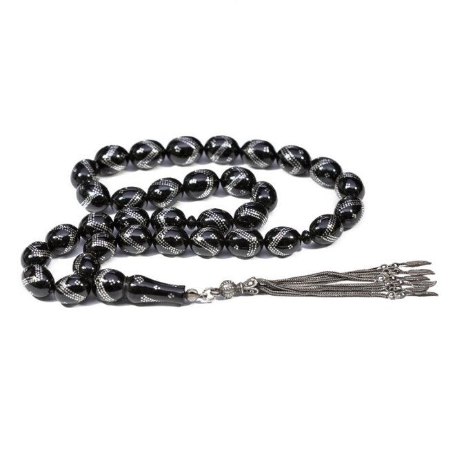 Rosary made of Erzurum lignite stone engraved with three rows of silver