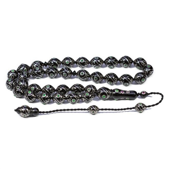 Rosary made of lignite stone engraved with silver and Emerald