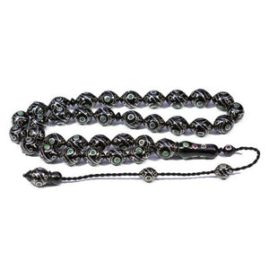 Rosary made of lignite stone engraved with silver and Emerald