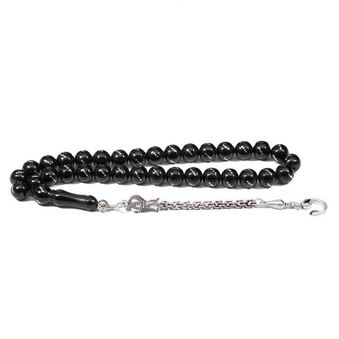 Rosary made of Erzurum lignite stone engraved with silver dots