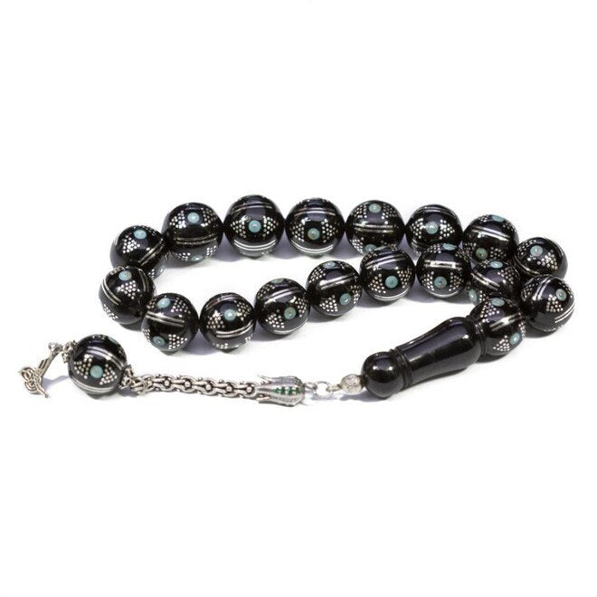Rosary made of Erzurum lignite with turquoise engraved beads