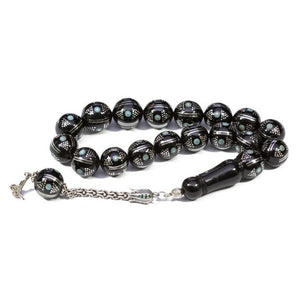 Rosary made of Erzurum lignite with turquoise engraved beads