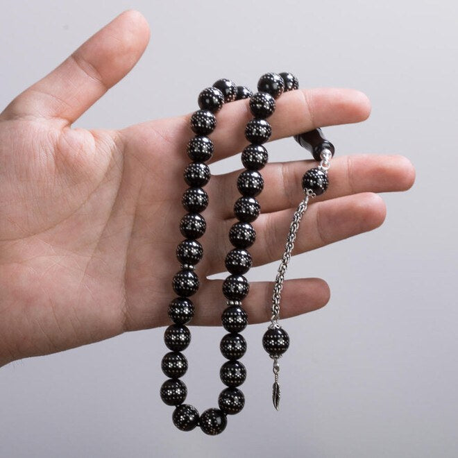 Rosary made of Erzurum lignite stone inlaid with dense silver