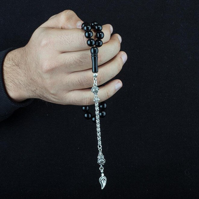 Rosary made of Erzurum lignite stone with leaf pattern decorated tassel