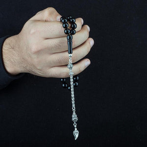Rosary made of Erzurum lignite stone with leaf pattern decorated tassel