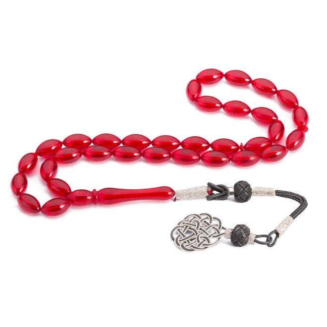 Rosary made of pressed amber with red colored beads