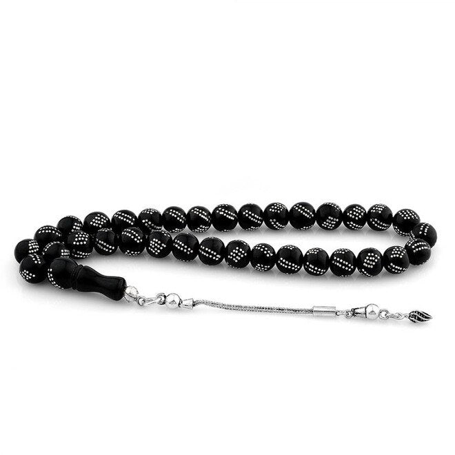 Rosary made of lignite stone inlaid with silver