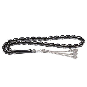 Rosary made of lignite stone striped with double silver lines