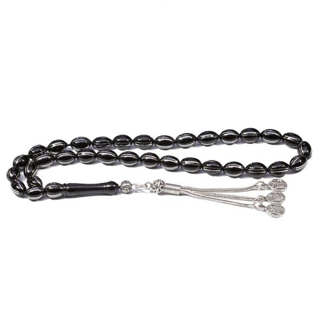 Rosary made of lignite stone striped with double silver lines