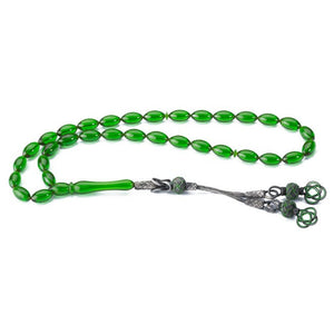 Green rosary made of pressed amber with a Qazzazia tassel