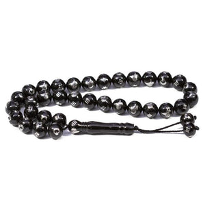 Rosary made of lignite stone engraved with moon star and Tughra symbols