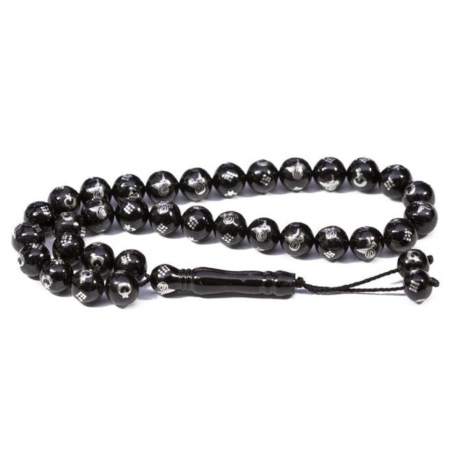 Rosary made of lignite stone engraved with moon star and Tughra symbols