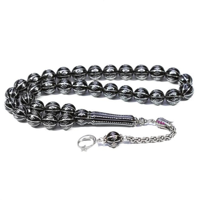 Rosary made of Erzurum lignite stone engraved in lines and baklava pieces