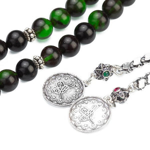 Rosary made of pressed amber with double silver tassel
