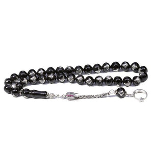 Rosary made of Erzurum lignite stone engraved with Ottoman Tughra