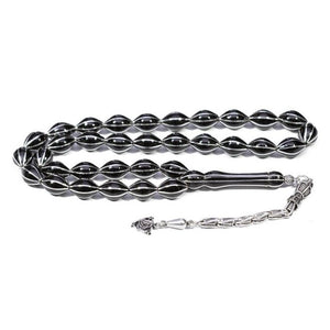 Rosary made of Erzurum lignite stone with beads engraved with silver lines