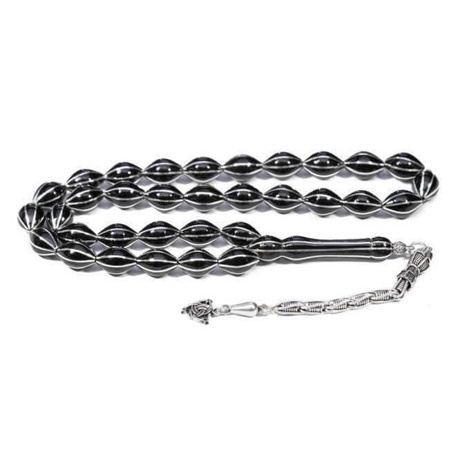 Rosary made of Erzurum lignite stone with beads engraved with silver lines