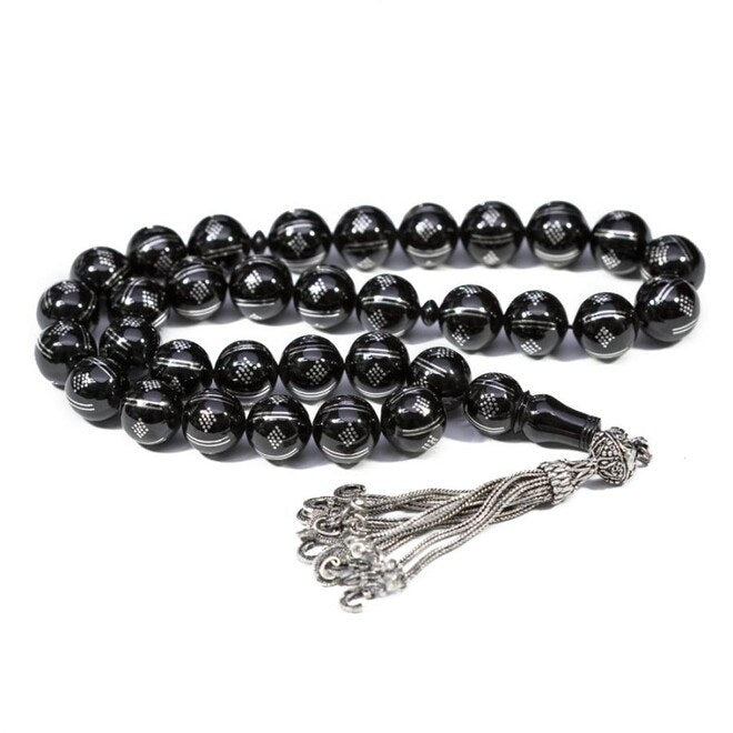 Rosary made of Erzurum lignite with beads engraved with silver