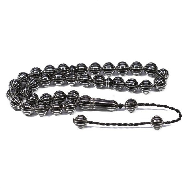 Rosary made of Erzurum lignite stone engraved with silver lines