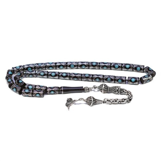 Rosary made of lignite stone engraved with turquoise