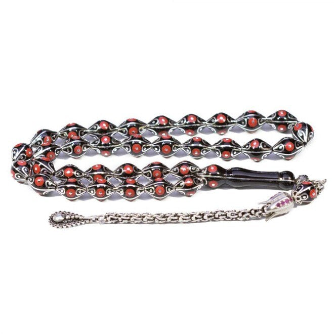 luxury mens rosary of Lignite Arzurum stone decorated with silver and coral
