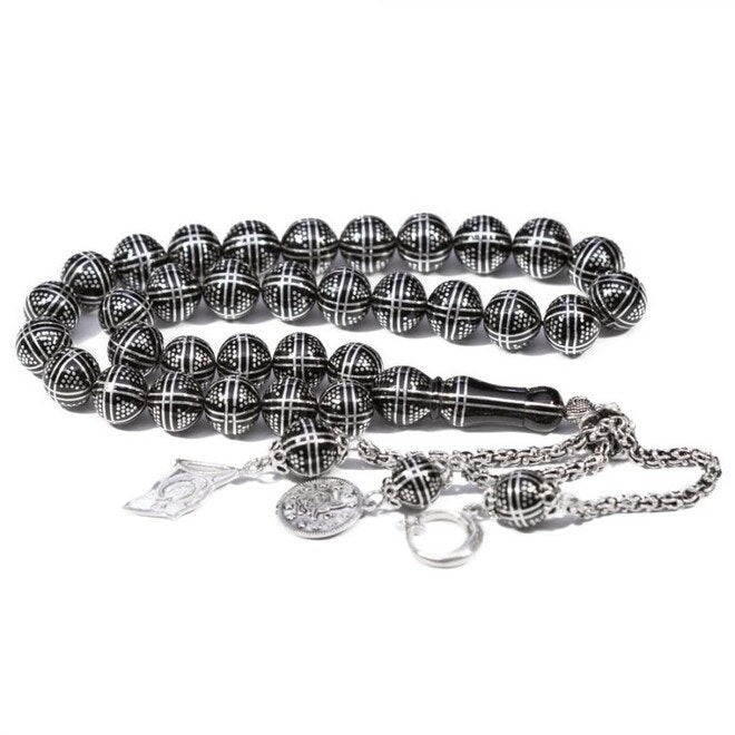 Rosary made of lignite stone engraved with silver