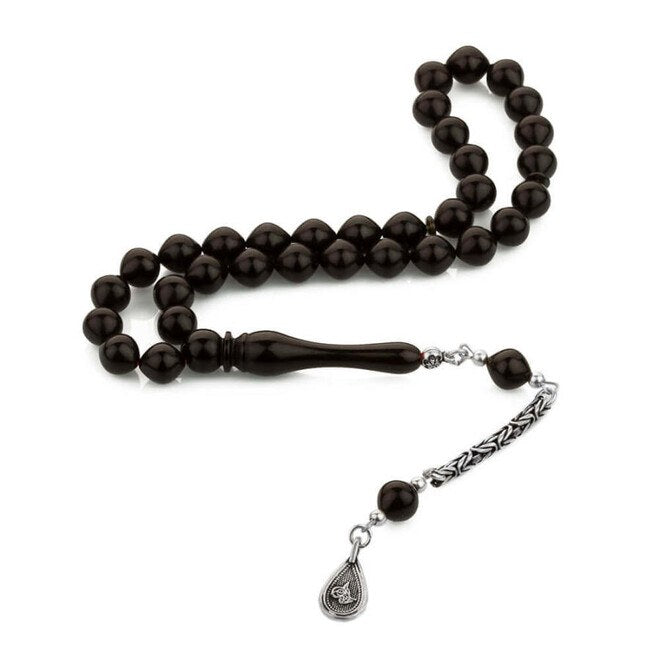 Rosary made of pressed amber with Tughra symbol decorated tassel