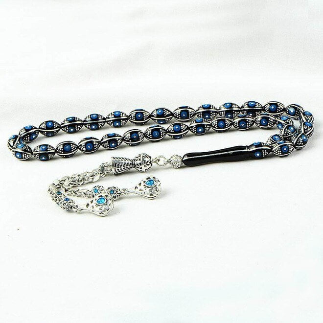 Rosary made of authentic lignite stone cut with barley wood and decorated with turquoise