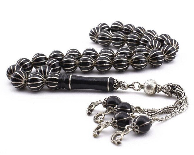 Rosary made of Erzurum lignite stone  incised using sterling silver