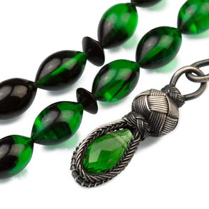 Pressed Amber rosary in gradient green color with a silver glass tassel