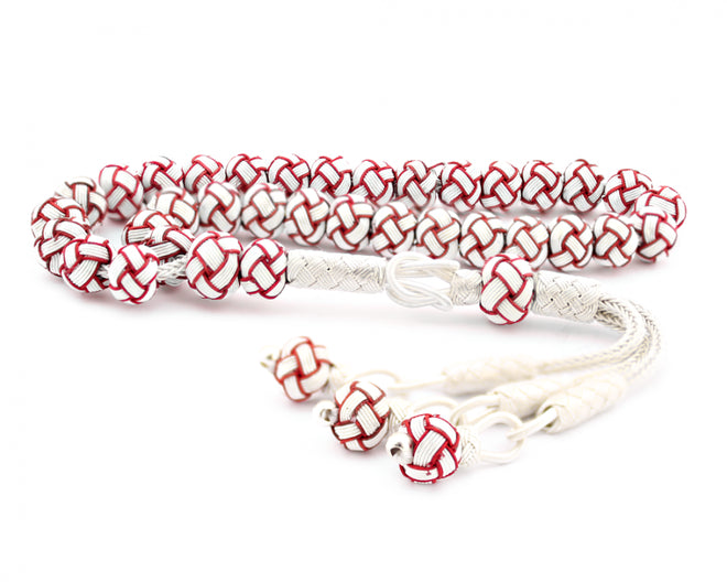 Wrist-sized silver rosary with hand-knitted red-white beads
