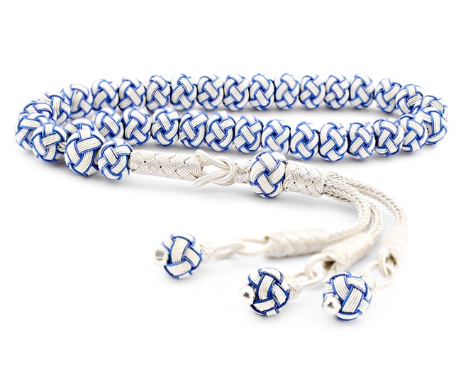 Wrist-sized silver rosary with hand-knitted blue-white beads