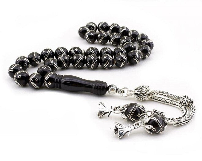 Rosary made of Erzurum Lignite stone with double row silver tassel