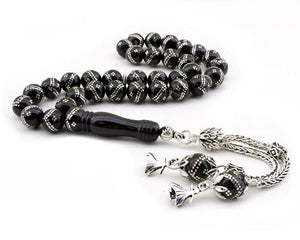 Rosary made of Erzurum Lignite stone with double row silver tassel